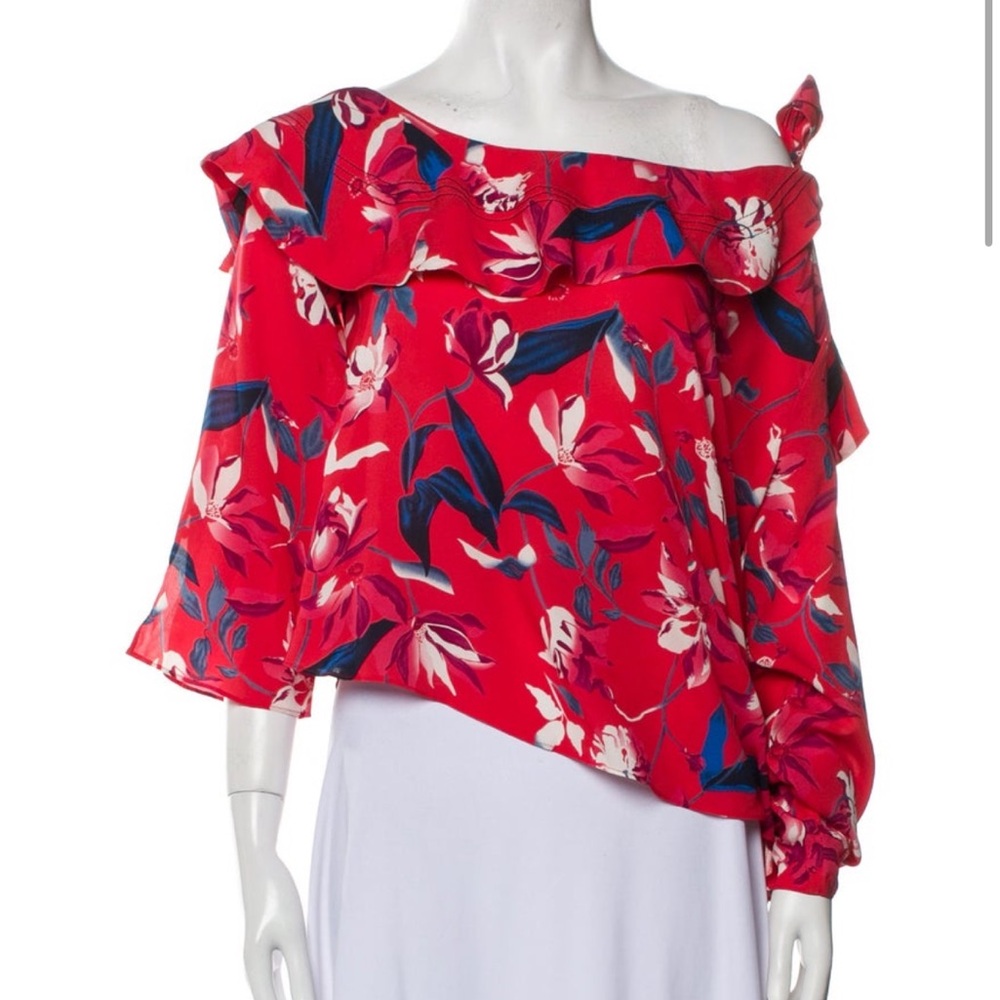 Tanya Taylor Floral Off-Shoulder Red Top